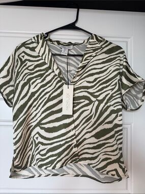 Rachel Zoe Olive and Cream Zebra-Print Short Sleeve Blouse